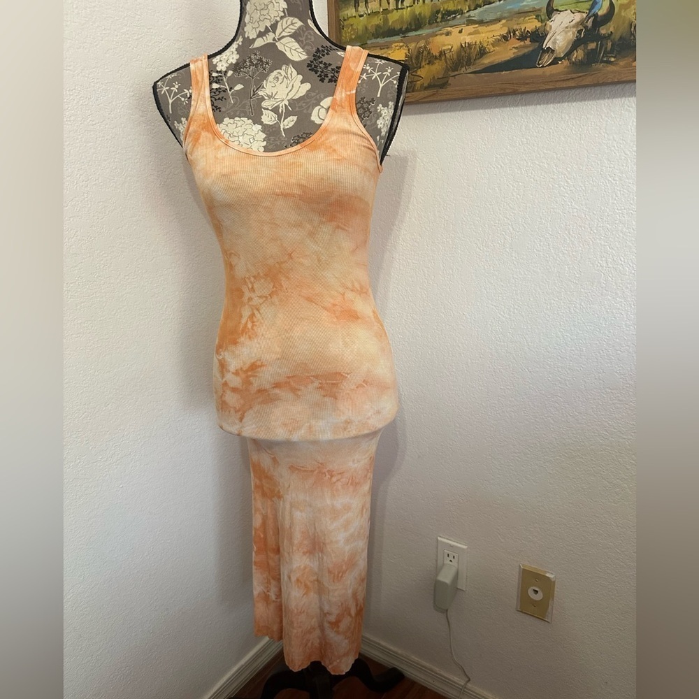 Enza Costa Silk Rib Tank Midi Dress in Orange Tie-Dye - Size Small